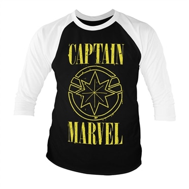 Captain Marvel Yellow Grunge Logo Baseball 3/4 Sleeve Tee, Baseball 3/4 Sleeve Tee